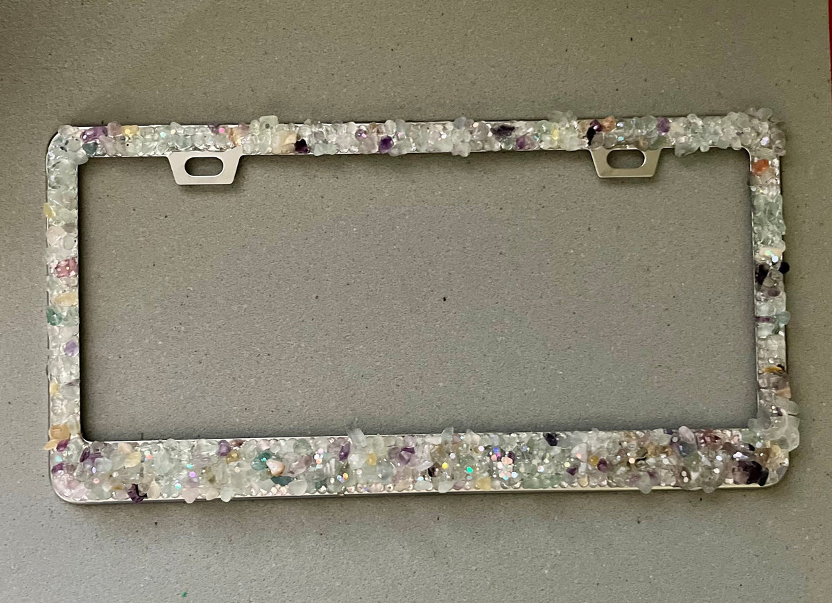 Crystal Gemstone License Plate Frame – Handmade Sparkling Car Accessory with Amethyst, Quartz & Fluorite | Metaphysical Boho Vibes