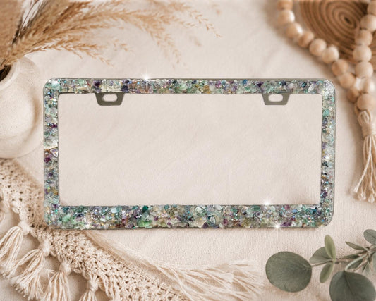 Crystal Gemstone License Plate Frame – Handmade Sparkling Car Accessory with Amethyst, Quartz & Fluorite | Metaphysical Boho Vibes