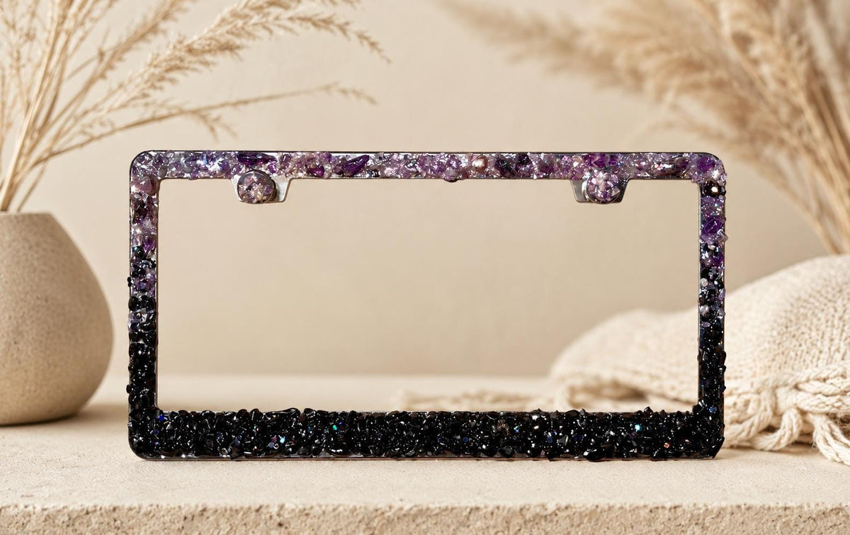 Black obsidian and amethyst bling license plate frame real stones ombré black and amethyst plate frame cute