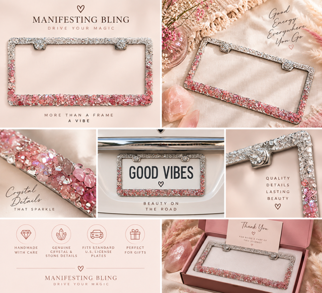 Quartz and rose quartz pink bling license plate frame gift for new car pink bling real crystals