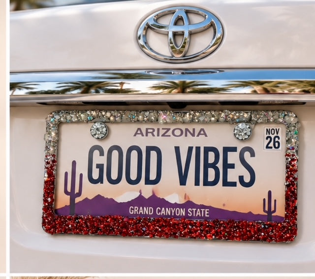 Quartz and ruby red bling license plate frame real stones ombré clear quartz and ruby red glass  plate frame cute