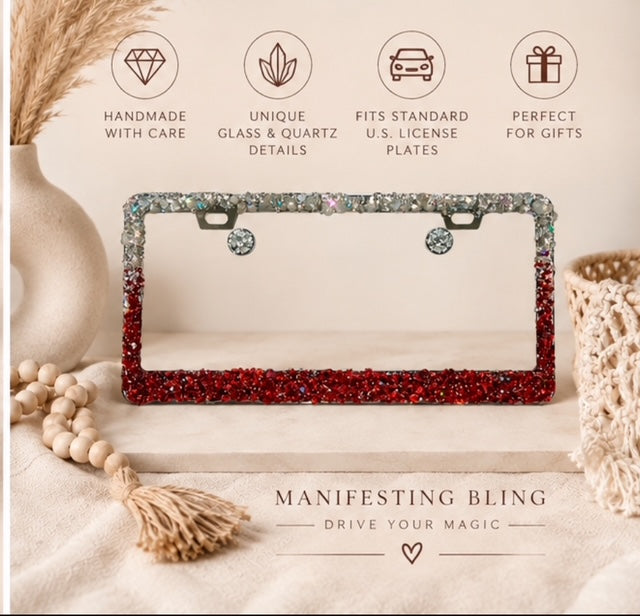 Quartz and ruby red bling license plate frame real stones ombré clear quartz and ruby red glass  plate frame cute