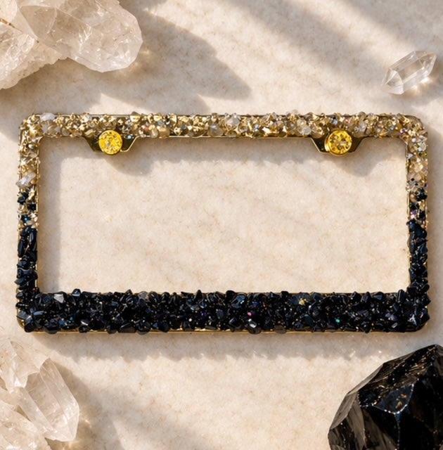 Black obsidian and rose gold quart bling license plate frame real stones ombré black and gold plate frame cute