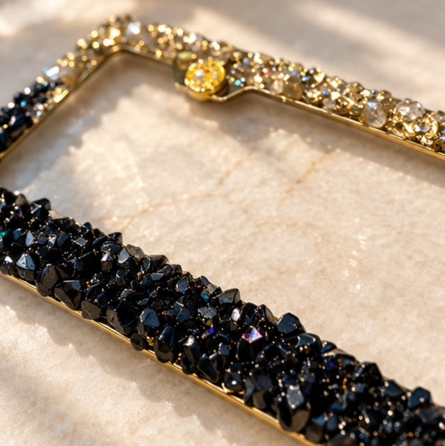 Black obsidian and rose gold quart bling license plate frame real stones ombré black and gold plate frame cute