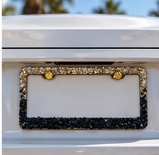 Black obsidian and rose gold quart bling license plate frame real stones ombré black and gold plate frame cute