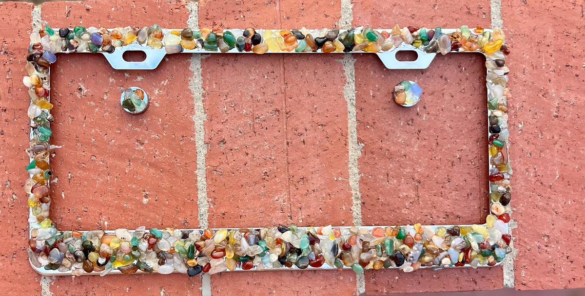 natural stone bling license plate frame with mixed crystals plate for car boho esthetic