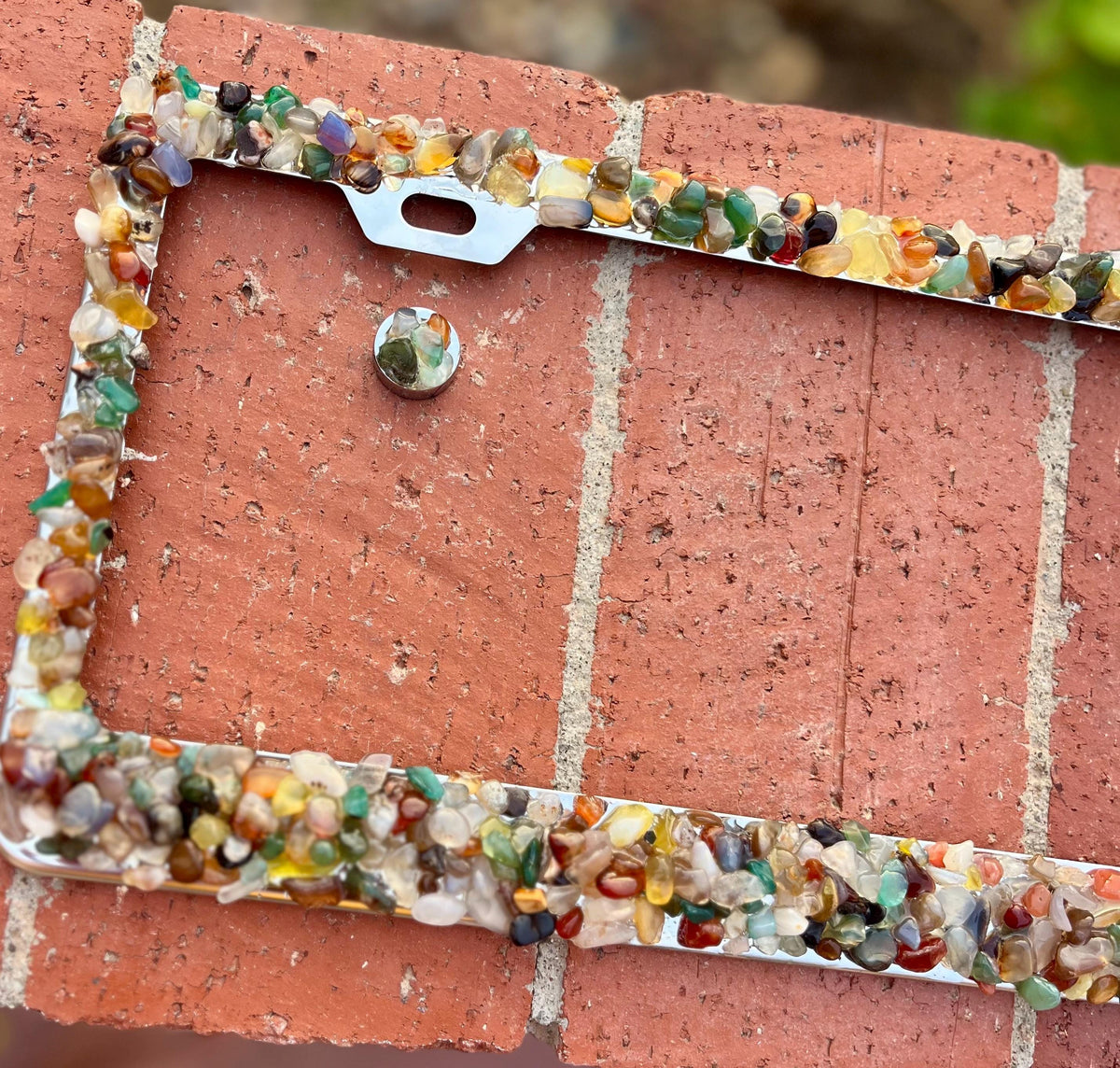 natural stone bling license plate frame with mixed crystals plate for car boho esthetic
