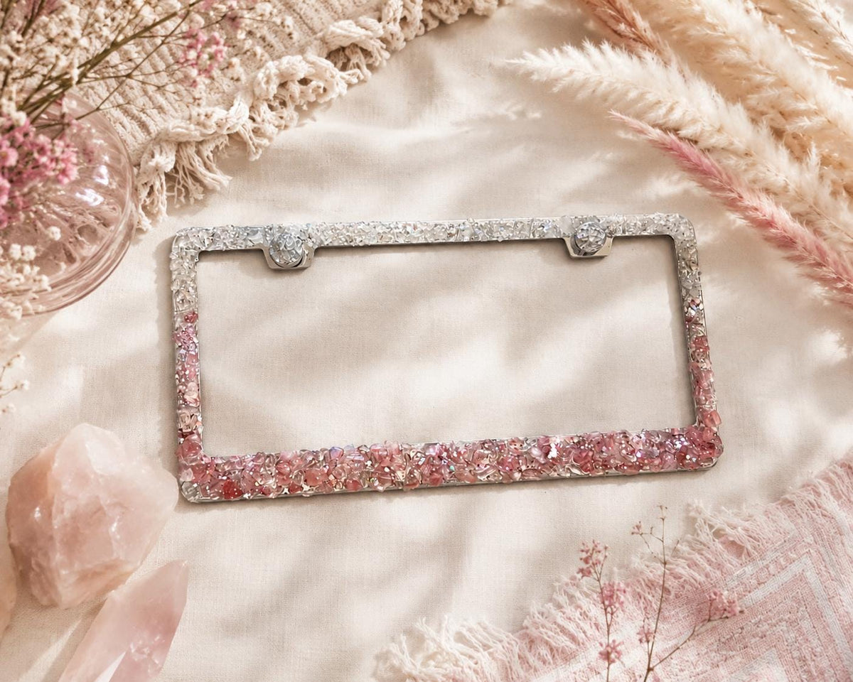 Quartz and rose quartz pink bling license plate frame gift for new car pink bling real crystals