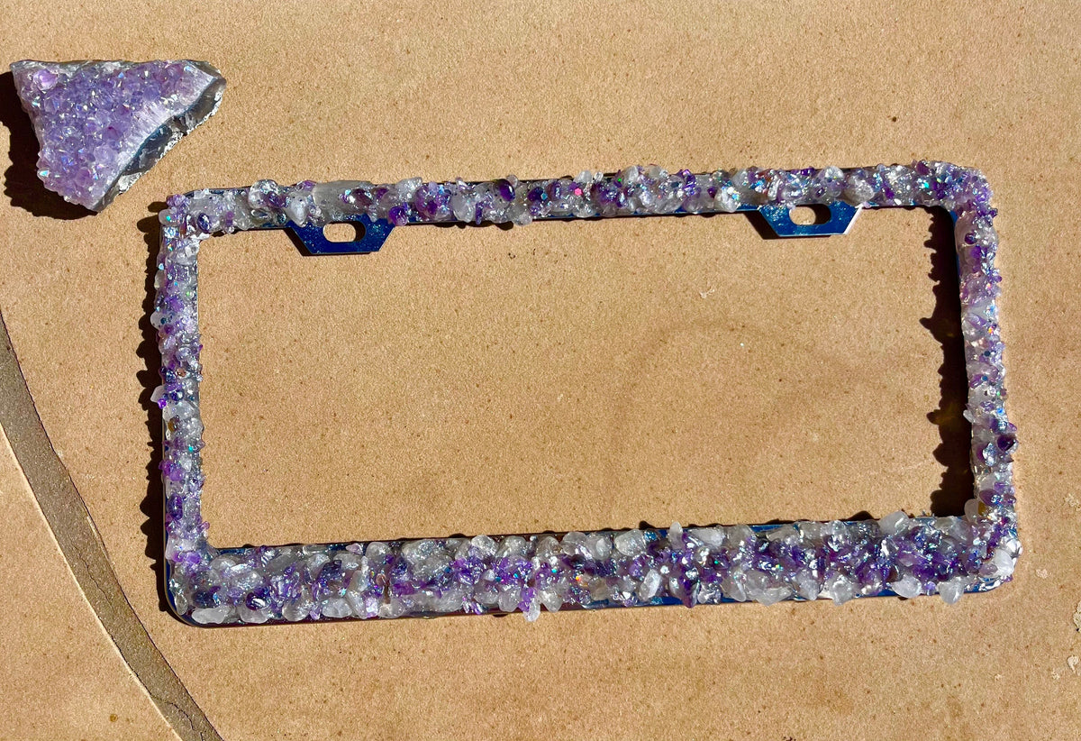 Arora Purple license plate frame quartz real aurora crystal license plate frame with bling natural stone plate cover