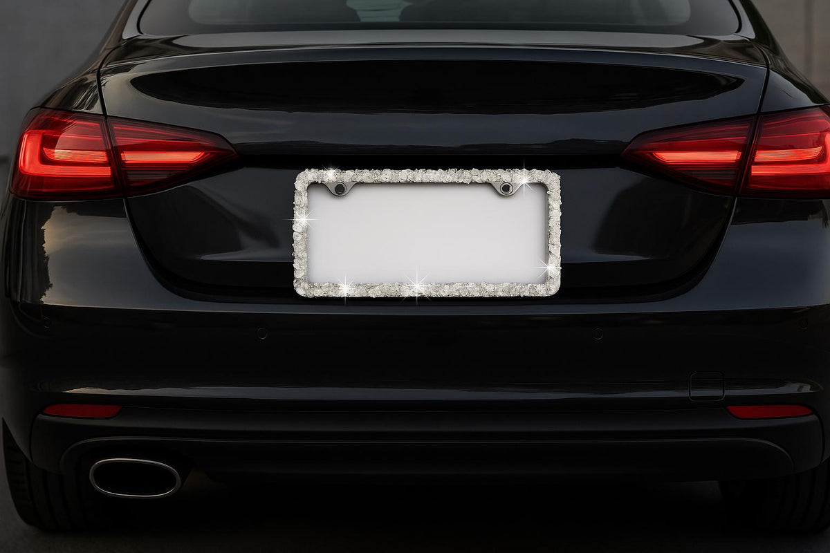 Luxury Clear Quartz Crystal License Plate Frame  Sparkling Car Accessory for Women  Glam Bling Rhinestone Frame